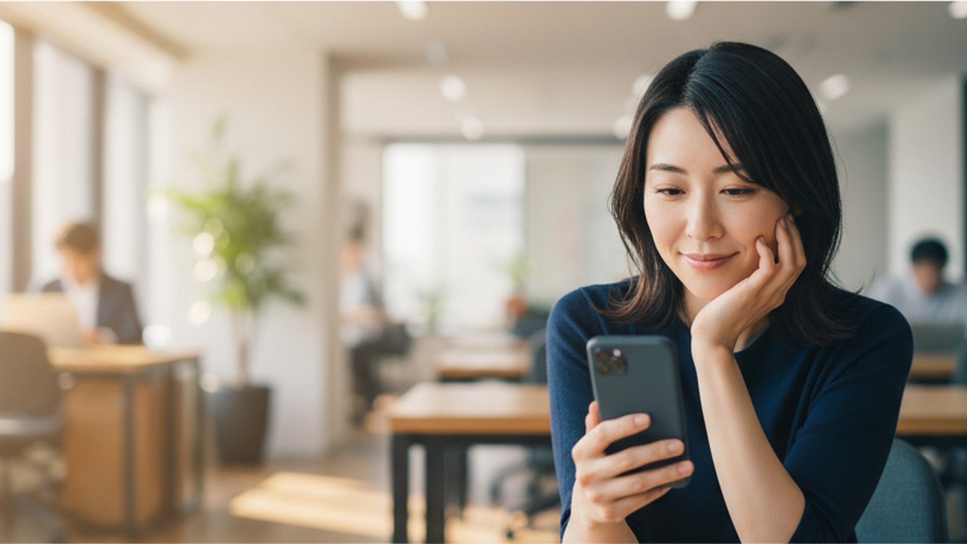 SNSで数字が伸びた瞬間、静かに微笑むマーケティング担当者